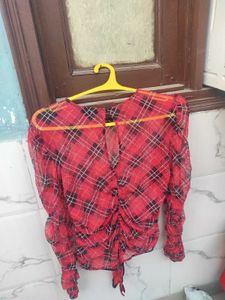 Red Plaid Sheer Top