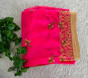 Pink With Gold Embroidery Sarees (Women's)