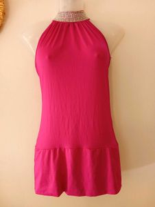 Hot pink Diamond Studded Neck Party Dress