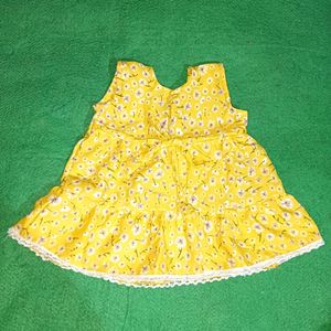 Handmade Flower Printed Yellow Baby Frock, Stitched At Home