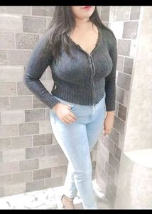 Gray Knit Zip-Up Cardigan