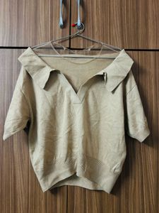 Classic Beige Collared Net Knit Top 🌸