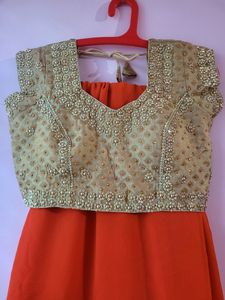 Orange Georgette Saree With 2  Worked Gold Blouse