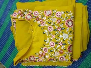 PURVA Yellow Embroidered Three Piece
