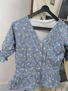 Blue Embroidered Peplum Top