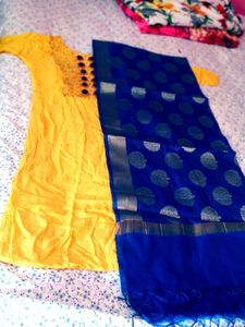 Pure Silk Kurta Set With Free New Saree