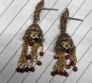 Oxidised Gold Jhumka And Small Blue Jhumki