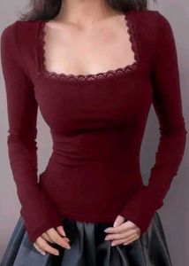Burgundy Lace Trim Long Sleeve Top