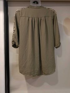 (Cover Story)Olive Shirt With Printed Sleeve Panel