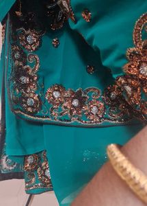 Green Embroidered  chamki work Saree &amp; Blouse