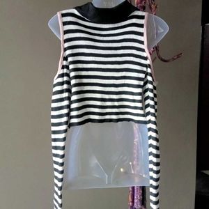 Striped Cold Shoulder Cropped Cardigan