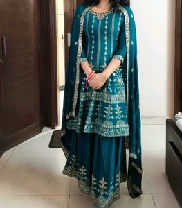 Women Green Silk Zari Embroidery Sharara Suit