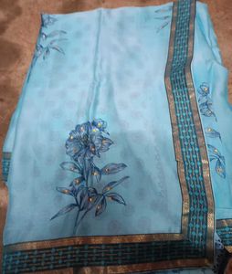 Elegant Printed Rose Stone Light Blue Floral Saree