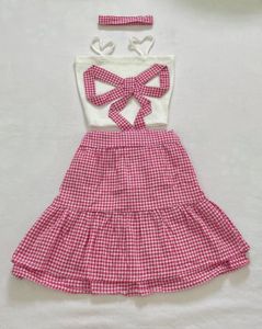 Imported Pink Gingham Set Skirt Top Choker