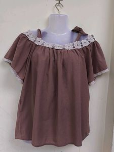 Peach Off-Shoulder Top with Lace Trim