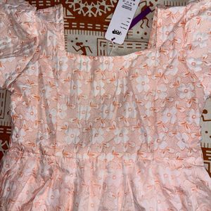Elegant Peach Floral Embroidered Puff Sleeve Midi