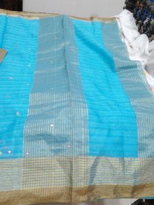Cotton Organza Sky-blue Saree