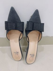 Black Rhinestone Bow Pointed Mules