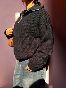 Black Knit Zip-Up Sweater