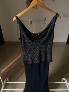 JKARA NAVY BLUE BEADED EVENING GOWN