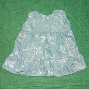 Handmade Baby Frock, Chest - 19.5 Inches, Length - 12.5 Inches, Cold Colour With White Dotted Leaf Print And Gliter, Comfortable Summer Cloth