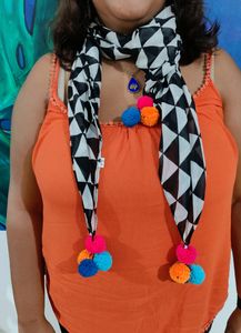 Black & White Scarf With Pom Poms