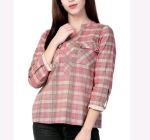 Mandarin collar Pink Checked Women Shirt