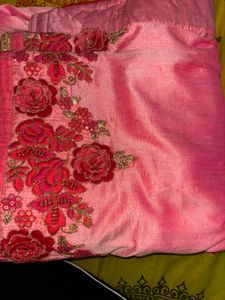 Pink Floral Embroidered Fabric Saree