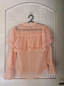 Casual Pink Bell Sleeve Embroided Shirt