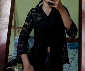Black Lace Button Up Top