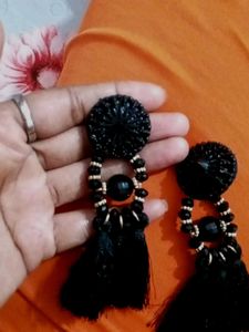 Black Beaded Tassel Earrings