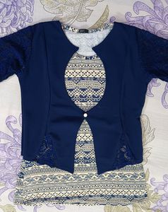 Prussian Blue Three Quarter Sleeve Embroidered Top