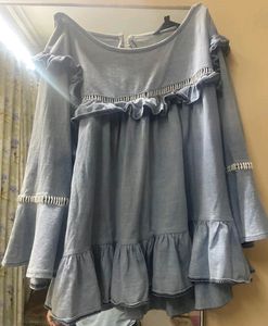 Stylish Blue Ruffle Top with Bell Sleeves