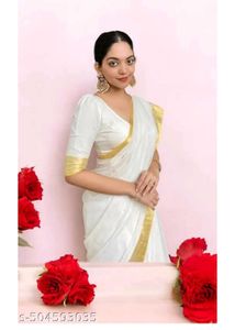 Elegant White &amp; Gold Kerala Saree