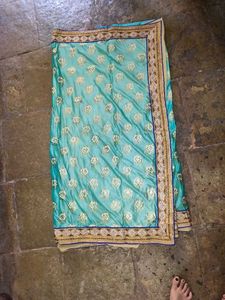 Teal &amp; Gold Embroidered Saree