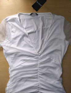 Deep V-Neck Front Ruched Mesh Sleeves A-Line Dress