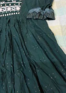 Dark Green Cotton Anarkali With Beautiful Work