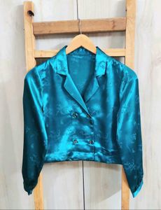 Teal Satin Floral Cropped Top size-32