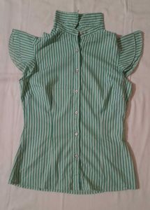 Stylish Green Striped Ruffle Sleeve Top