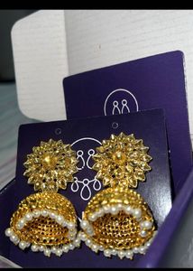 Gold Jhumka Earrings with pearl Detail