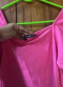 Pink Ribbed Puff Sleeve Top