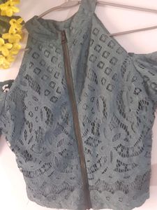 Elegant Cut Shoulder Green Embroidered Crop Top