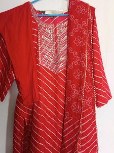 Red Striped Kurta Set
