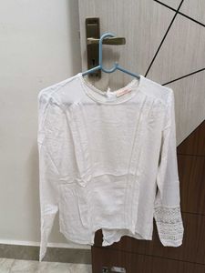 White Lace Detail, Back-Buttoned BlousenTop
