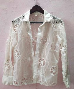 Elegant White Cutout Sheer Blouse