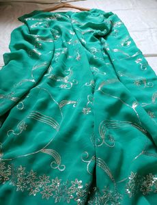 Unused Turquoise Sequins Saree