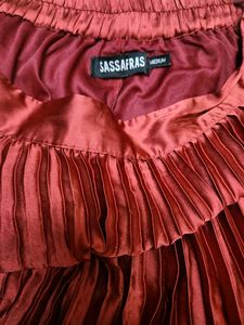 Red Accordion Pleated Satin Finish Flared Skirt