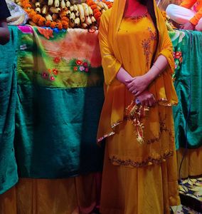 designer yellow suit set kurti flared skirt