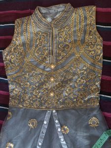 Elegant Grey &amp; Gold Anarkali Kurta Set with embroi
