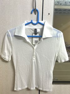 White Ribbed Polo Top